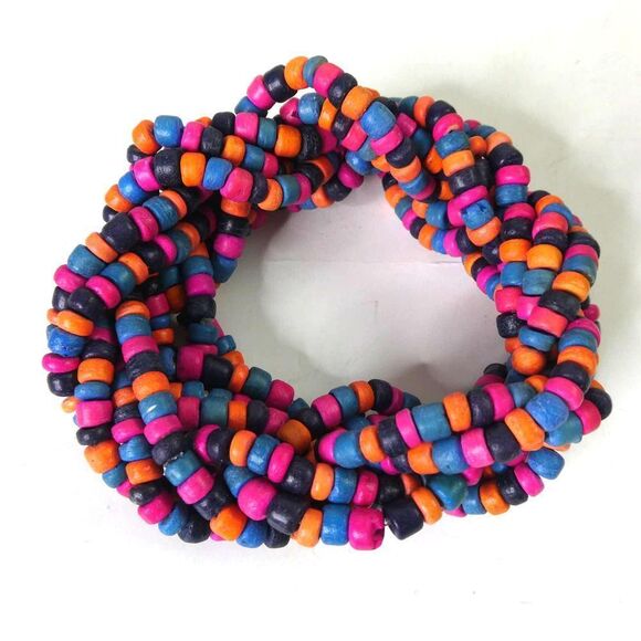 Braided Wooden Dyed Boho Bracelet Beaded Chunky Orange Pink Blue Festival - Picture 1 of 6